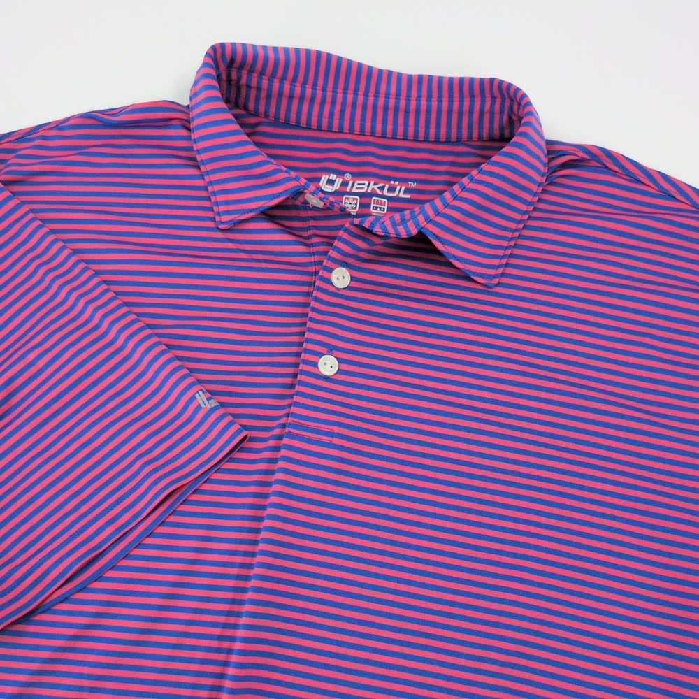 IBKÜL Golf Polo Shirt Mens XL Short Sleeve Pink Blue Striped Performance UPF 50+